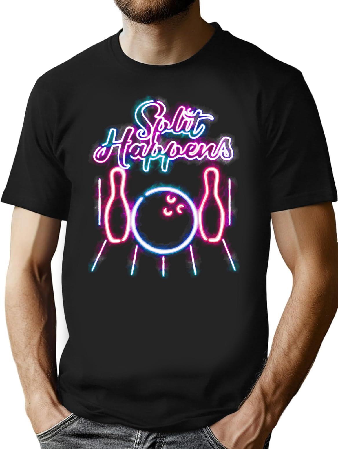 Bowling Shirts - Funny Retro Neon Vintage Style Split Happens Minimalist Graphic T-Shirt - Unisex Streetwear Tee - Black