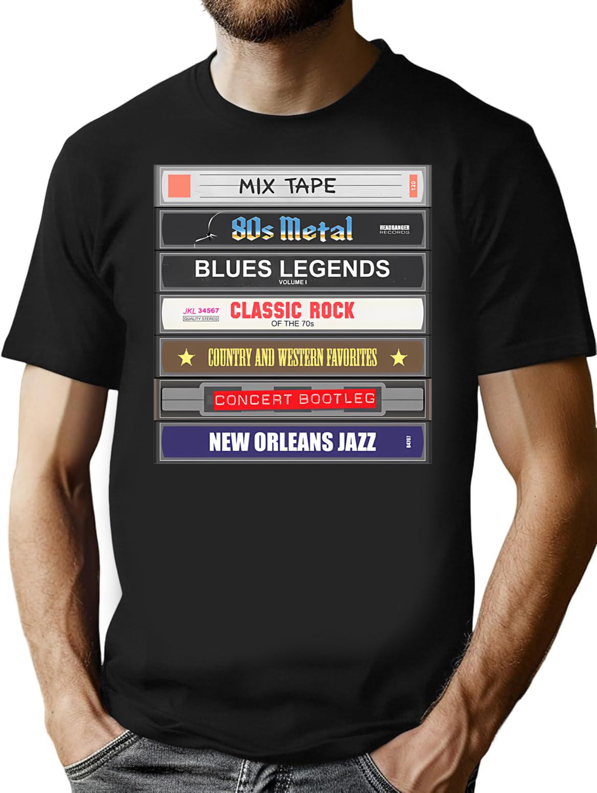 Cassette Stack (Horizontal) Bootleg Graphic T-Shirt - Black