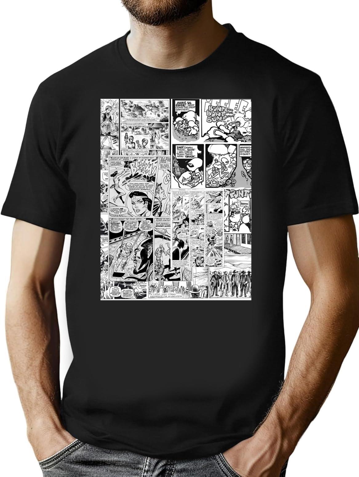 Comic Book Print White T-Shirt - Retro Graphic Tee for Men & Women - Black