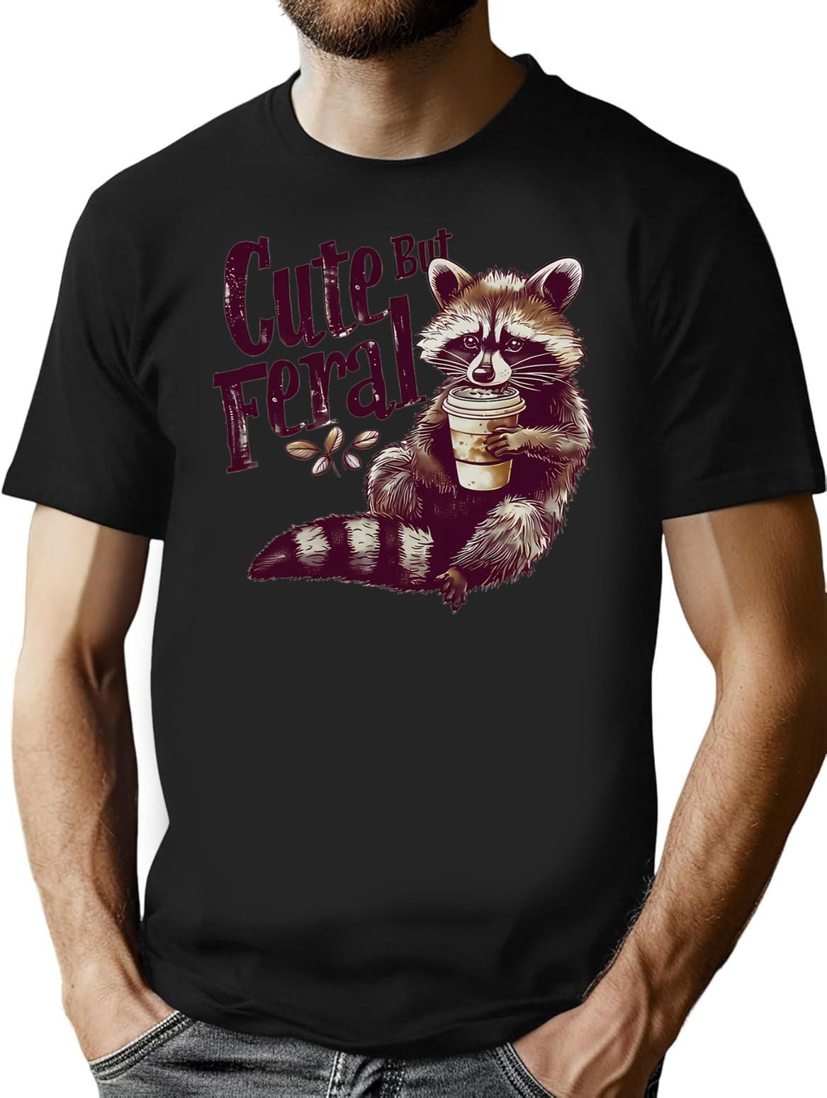 Cute But Feral Vintage Raccoon Shirt For Men For Women Funny Loves Coffee Gift T-Shirt - Black
