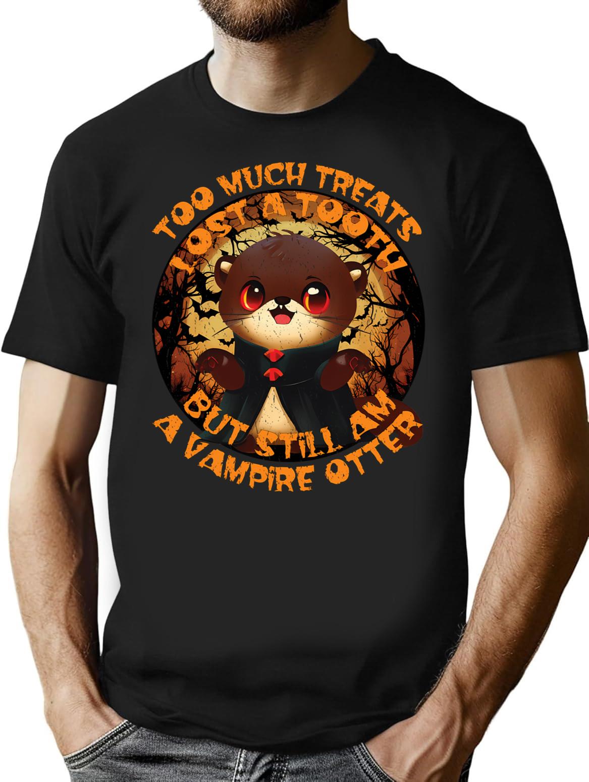Cute Vintage Halloween Otter T-Shirt - Retro Graphic Casual Tee - Black