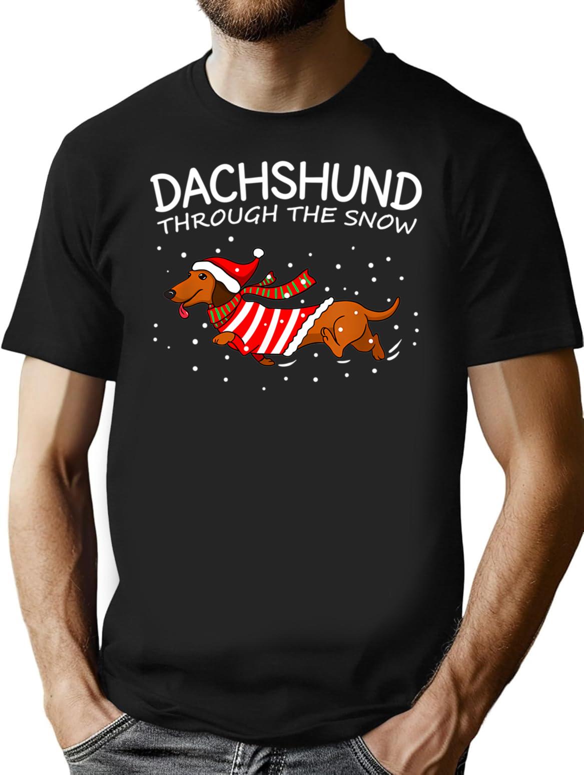 Dachshund Through The Snow Funny Dog Christmas T-Shirt - Black