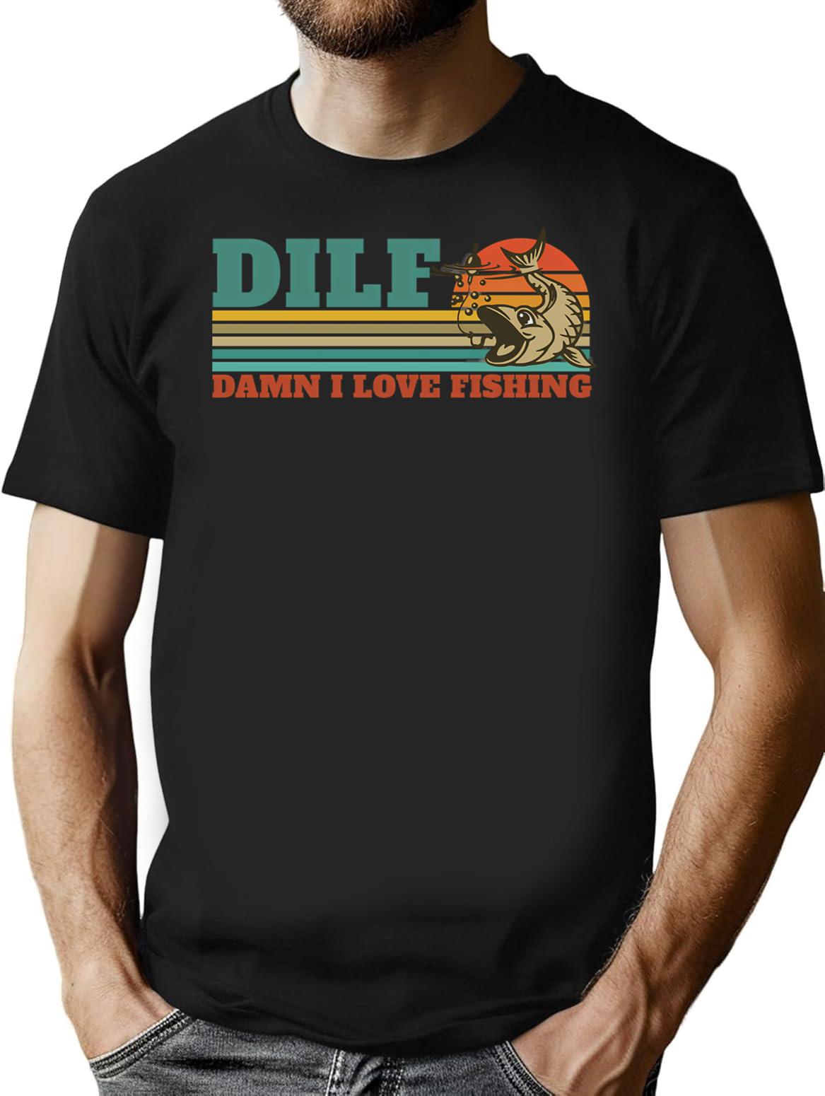 Dilf Damn I Love Fishing Retro Vintage Sunset Funny Fishing Gift (2) T-Shirt - Black