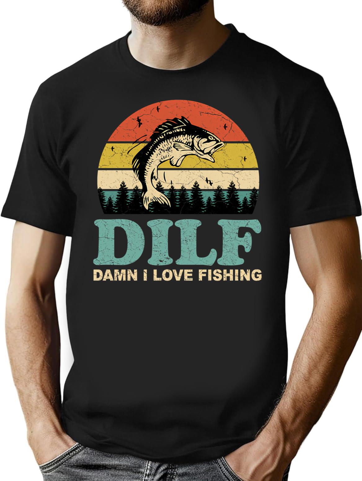 Dilf Damn I Love Fishing Retro Vintage Sunset Funny Fishing Gift T-Shirt - Black