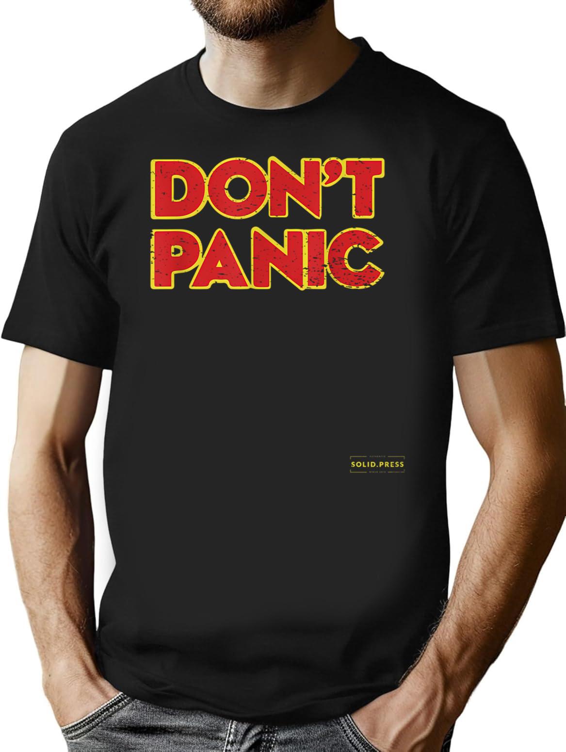 Don_t Panic Vintage Distressed T-Shirt - Retro Graphic Casual Tee - Black