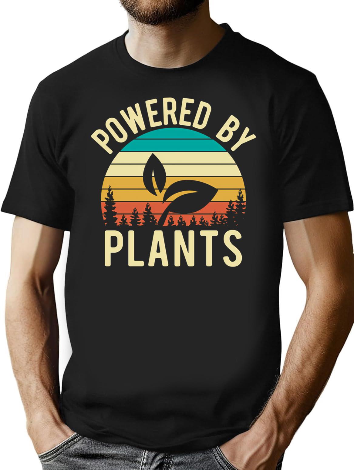 Vintage Retro Powered By Plants Vegan Minimalist Graphic T-Shirt - Unisex Streetwear Tee - Black