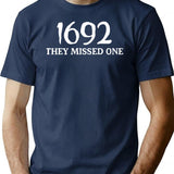 1692 They Missed One Funny Halloween Design Salem 1692 They Missed Minimalist Graphic T-Shirt - Unisex Streetwear Tee - Navy
