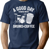 A Good Day Starts With Drums Coffee Drummer Gift Funny Minimalist Graphic T-Shirt - Unisex Streetwear Tee - Navy