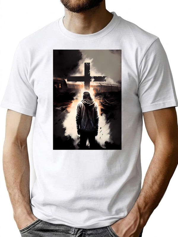 A Journey Of Faith A Bootleg Album Cover With A Cross A Man And A Train Bootleg Graphic T-Shirt - White