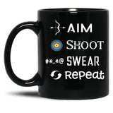 Aim Shoot Swear Repeat Funny Archery Black Coffee Mug, Gift Coffee Mug
