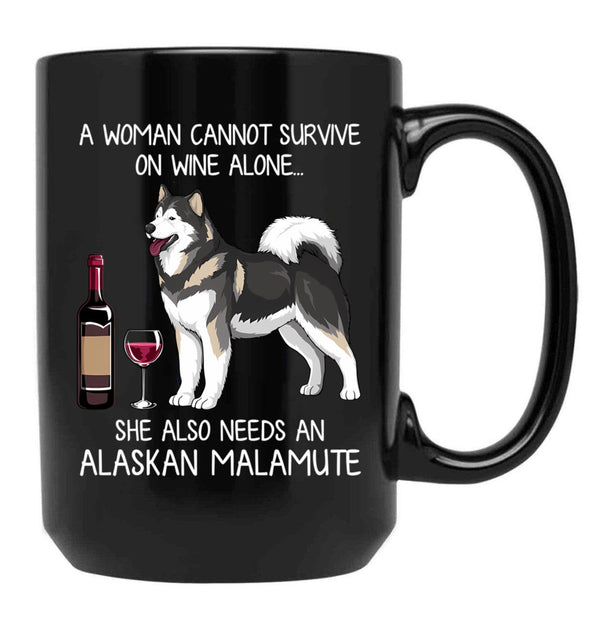 Alaskan Malamute And Wine Funny Dog Black Coffee Mug, Gift Coffee Mug - Black