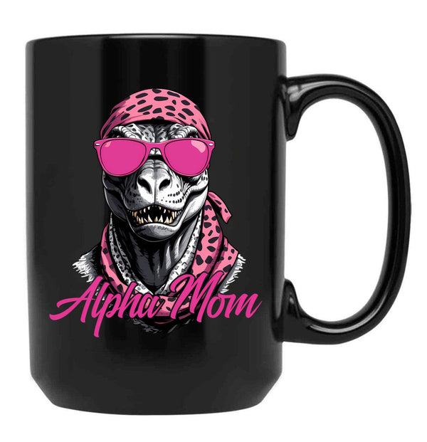 Alpha Mom Funny Dinosaur Mother Icon Black Coffee Mug, Gift Coffee Mug - Black