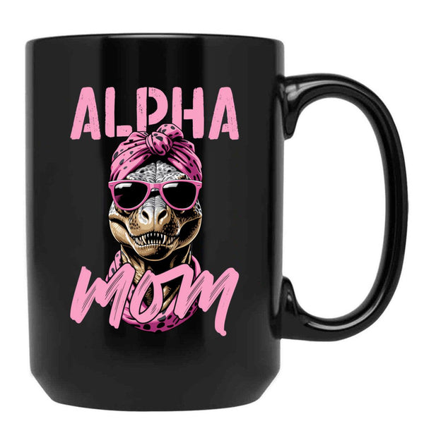 Alpha Mom Funny Iconic Dinosaur Mother Black Coffee Mug, Gift Coffee Mug - Black