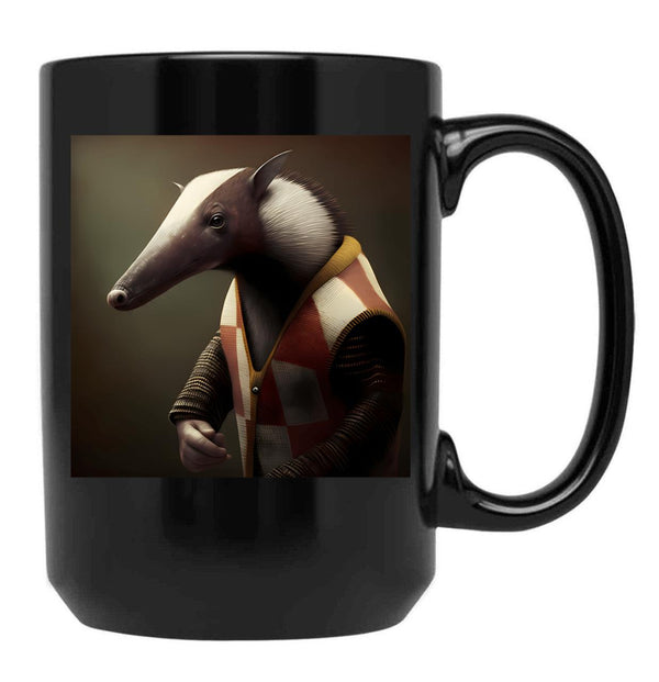 Anteater In A Sweater - Animal Art Black Coffee Mug, Gift Coffee Mug - Black