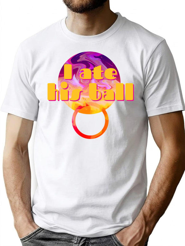 Ate His Ball - Funny Engrish Bad Translation Bootleg Graphic T-Shirt - White