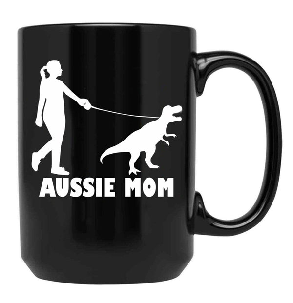 Aussie Mom Australian Shepherd Dog Dinosaur Women Mother Black Coffee Mug, Gift Coffee Mug - Black