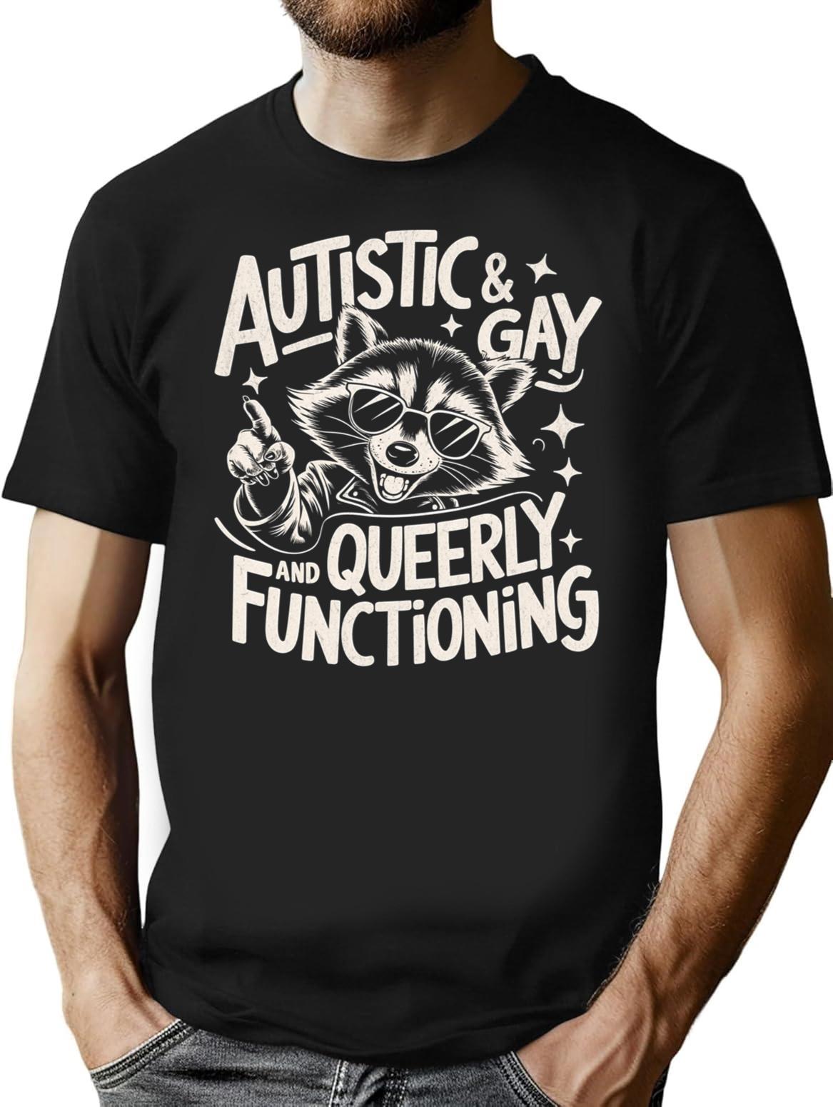 Autistic And Gay Raccoon Minimalist Graphic T-Shirt - Unisex Streetwear Tee - Black