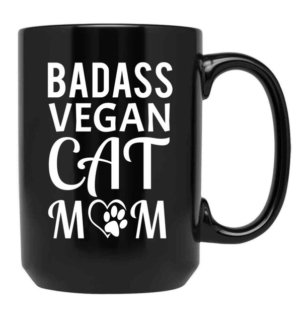 Badass Vegan Cat Mom (3) Black Coffee Mug, Gift Coffee Mug - Black