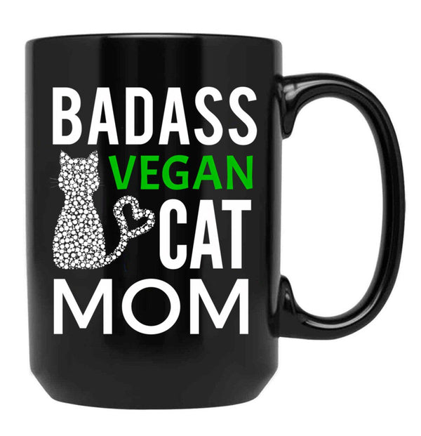 Badass Vegan Cat Mom (4) Black Coffee Mug, Gift Coffee Mug - Black