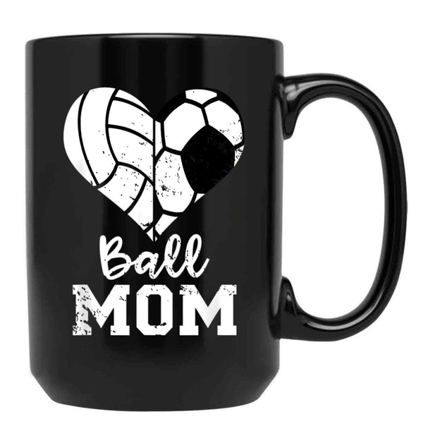 Ball Mom Heart Funny Soccer Volleyball Mom Black Coffee Mug, Gift Coffee Mug - Black