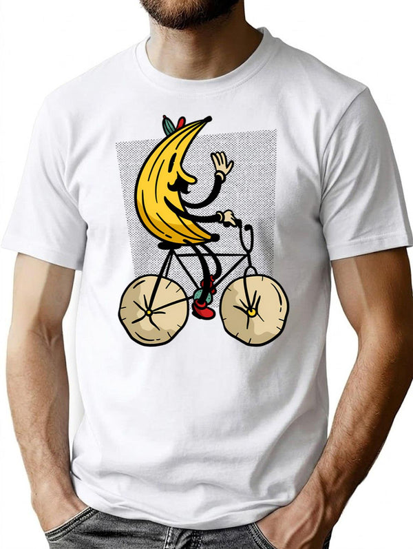 Banana Riding Bike Banana Cycling Minimalist Graphic T-Shirt - Unisex Streetwear Tee - White