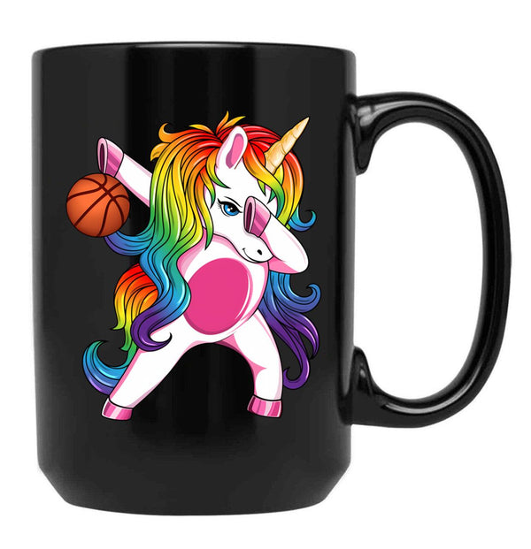 Basketball Ball Unicorn Dabbing Black Coffee Mug, Gift Coffee Mug - Black