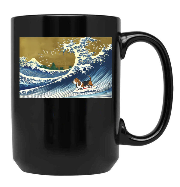 Basset Hound Surfing Black Coffee Mug, Gift Coffee Mug - Black