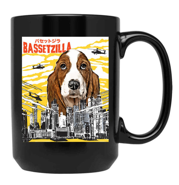 Bassetzilla Funny Dog T-Shirt - Gift For Basset Dog Lovers Black Coffee Mug, Gift Coffee Mug - Black