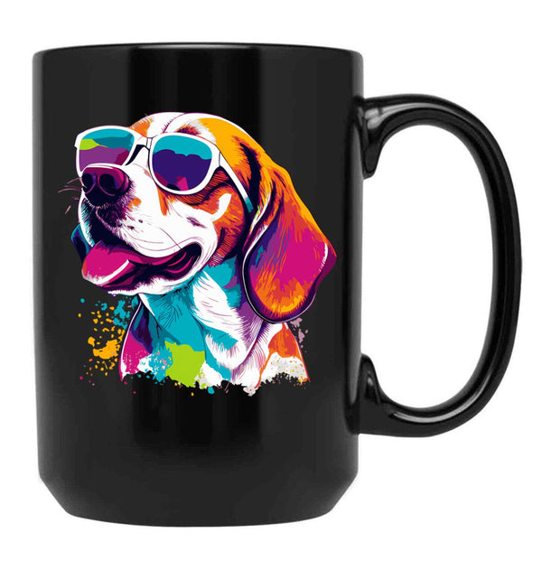 Beagle Dog - Colorful With Sunglasses Black Coffee Mug, Gift Coffee Mug - Black