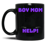 Boy Mom Help Graphic Black Coffee Mug, Gift Coffee Mug