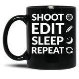 Camera Shoot Edit Sleep Repeat For Cinema Lover Black Coffee Mug, Gift Coffee Mug
