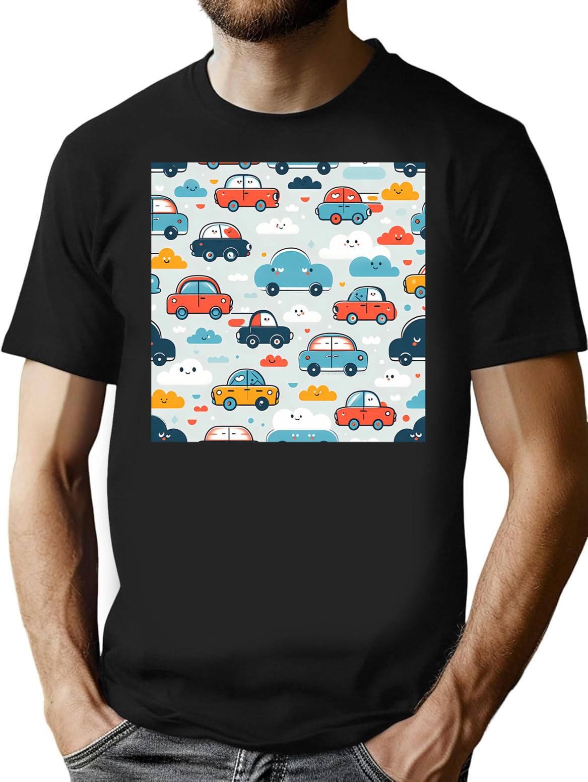 Cars And Clouds Pattern Minimalist Graphic T-Shirt - Unisex Streetwear Tee - Black
