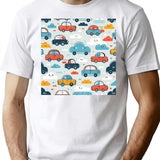 Cars And Clouds Pattern Minimalist Graphic T-Shirt - Unisex Streetwear Tee - White