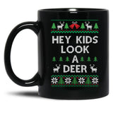 Christmas Hey Kids Look A Deer Ugly Sweater Style Black Coffee Mug, Gift Coffee Mug