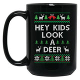 Christmas Hey Kids Look A Deer Ugly Sweater Style Black Coffee Mug, Gift Coffee Mug