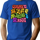 Clowns And Jokers Word Art T-Shirt - Retro Graphic Tee for Men & Women - Blue