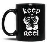 Cool Keep It Reel Irish Dance Design Black Coffee Mug, Gift Coffee Mug