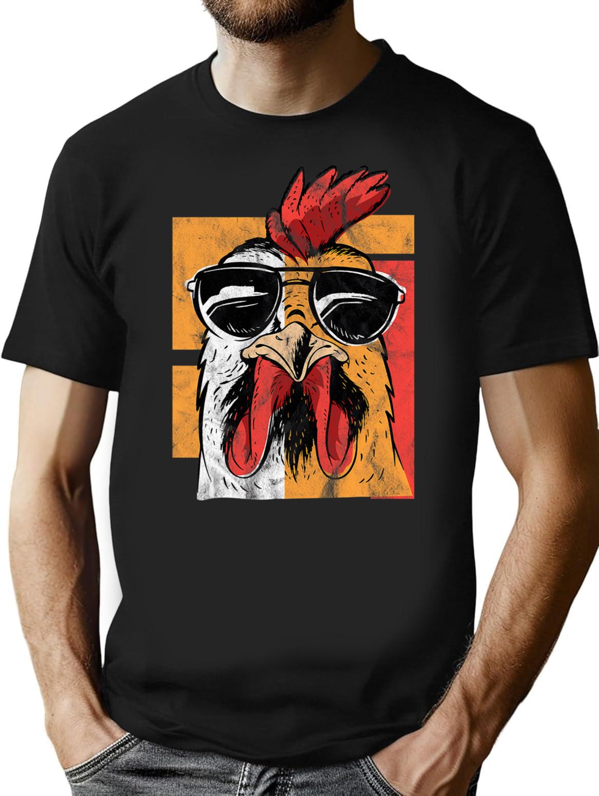 Cool Rooster Wearing Sunglasses Retro Vintage Chicken Tee - Black