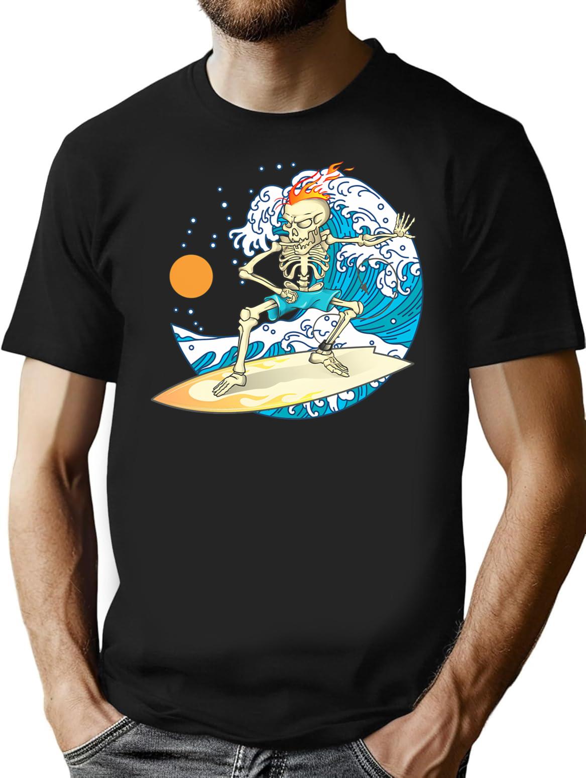 Cool Vintage Surfing Skeleton T-Shirt - Retro Graphic Casual Tee - Black