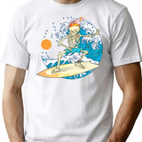 Cool Vintage Surfing Skeleton T-Shirt - Retro Graphic Casual Tee - White