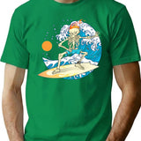 Cool Vintage Surfing Skeleton T-Shirt - Retro Graphic Casual Tee - Green