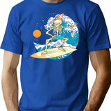 Cool Vintage Surfing Skeleton T-Shirt - Retro Graphic Casual Tee - Blue