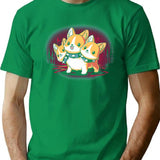 Corgi Cerberus T-Shirt - Retro Graphic Tee for Men & Women - Green