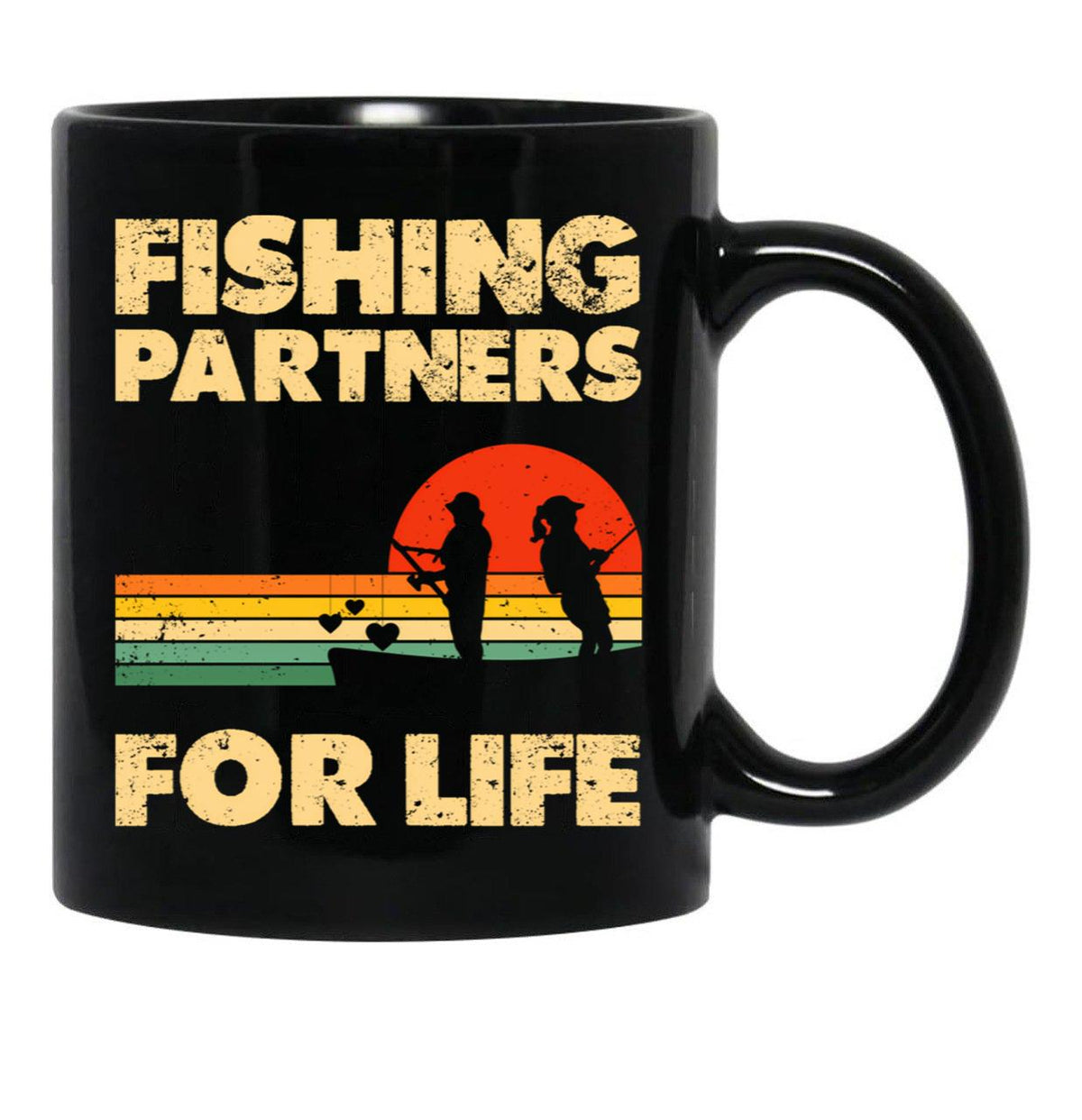 Couples Fishing Tees Retro Vintage Fishing Partners For Life Black Coffee Mug, Gift Coffee Mug - Black