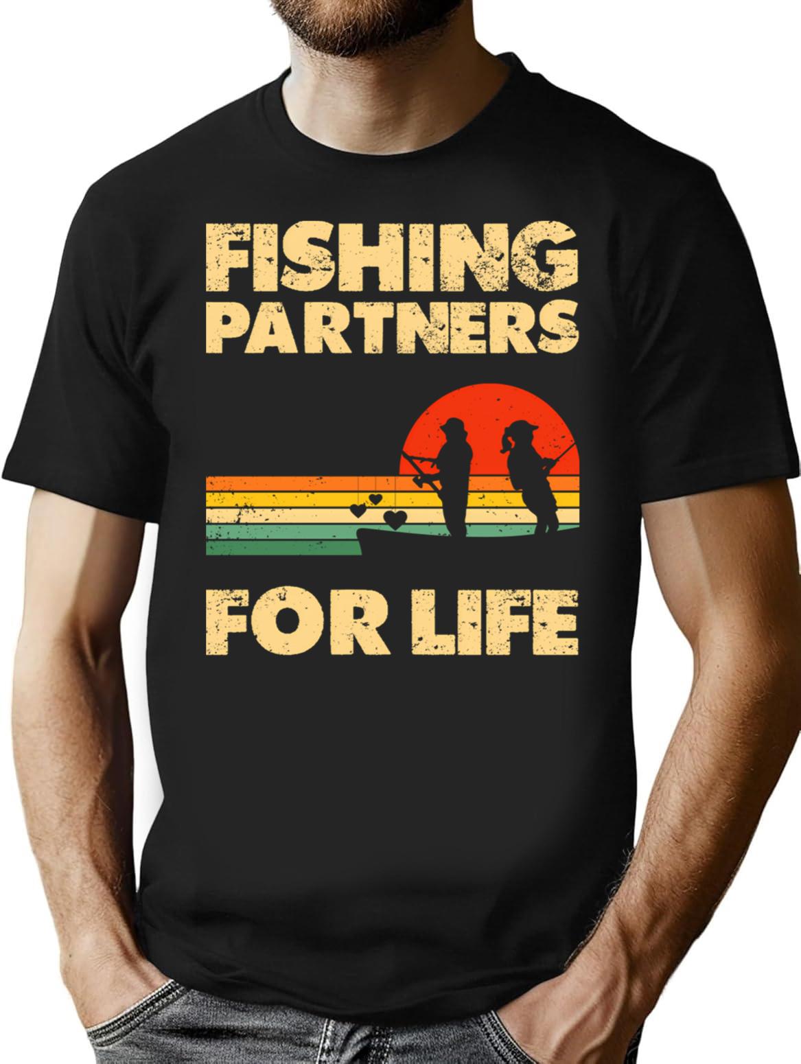 Couples Fishing Tees Retro Vintage Fishing Partners For Life - Black