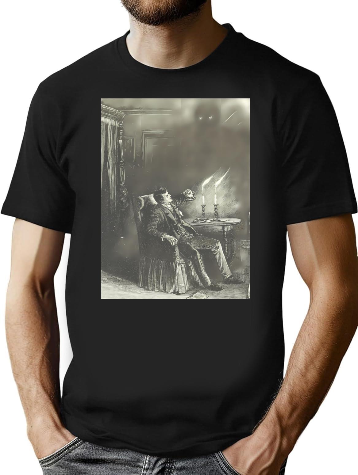 Creepy Etching Illustration - A Man Reels From An Evil Shadow T-Shirt - Black