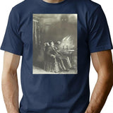 Creepy Etching Illustration - A Man Reels From An Evil Shadow T-Shirt - Navy