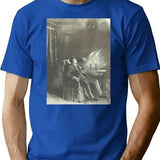 Creepy Etching Illustration - A Man Reels From An Evil Shadow T-Shirt - Blue