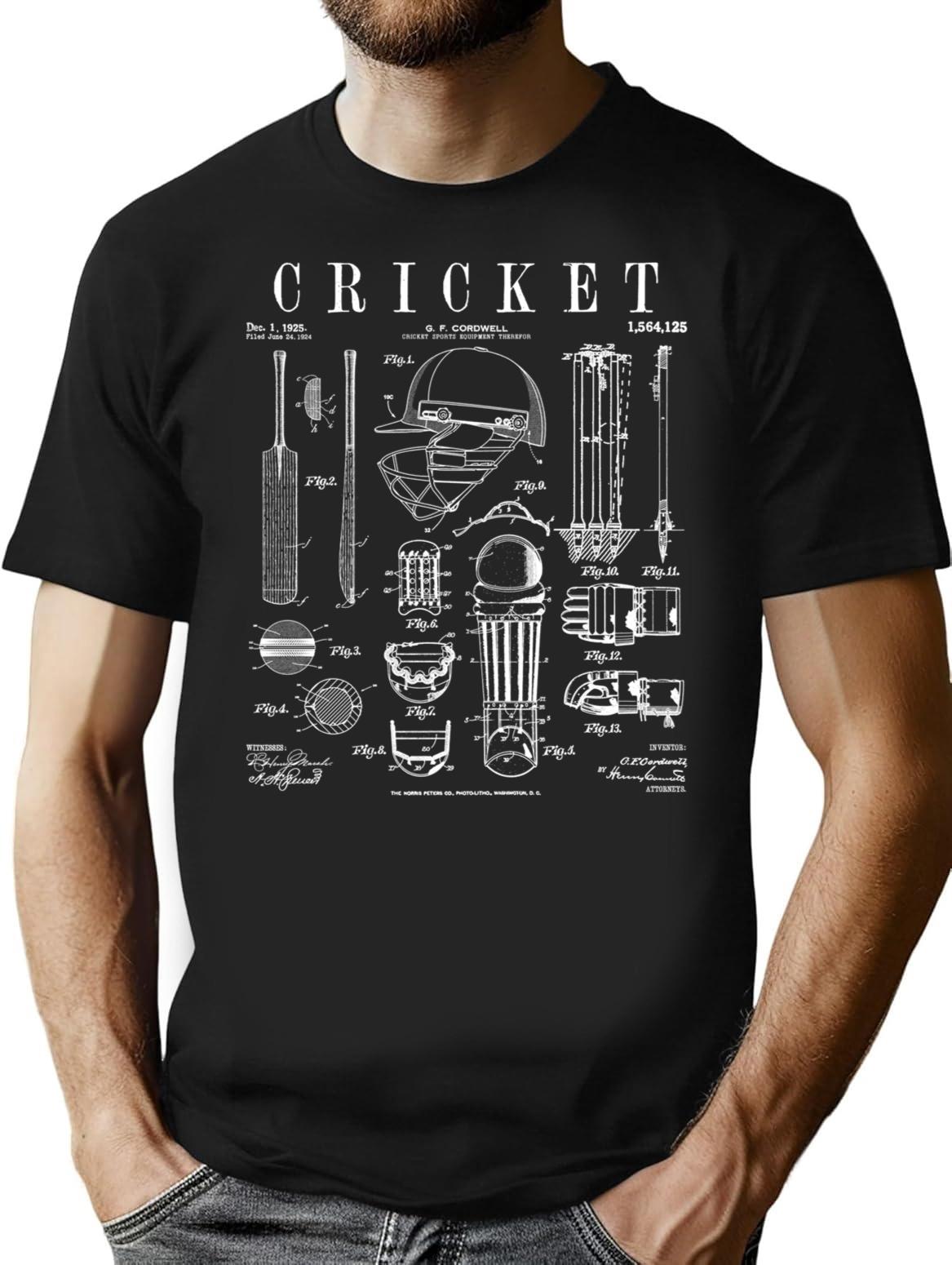 Cricket Cricketer Batsman Bowler Vintage Sports Patent Print T-Shirt - Black