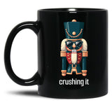 Crushing It - Nutcracker With Sunglasses - Festive Humor Black Coffee Mug, Gift Coffee Mug